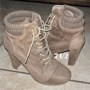 Taupe Suede Lace-Up Ankle Booties with Knit Collar - Women